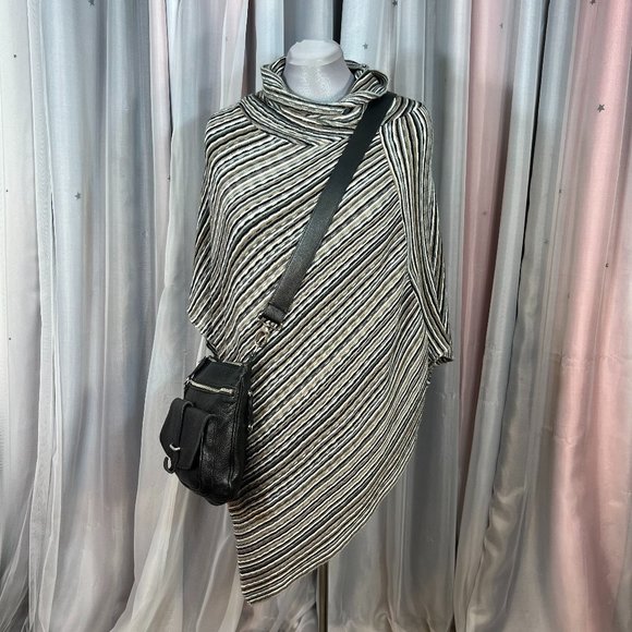 Lightweight Black, Brown & White Striped Pullover Knit Poncho - Picture 1 of 7